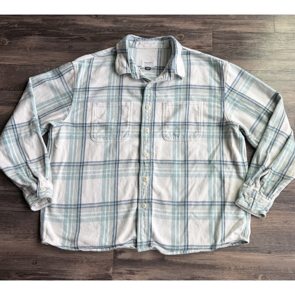 American Eagle Flannel Shirt Mens XL Cream Blue Plaid Relaxed Fit Heavy Cotton